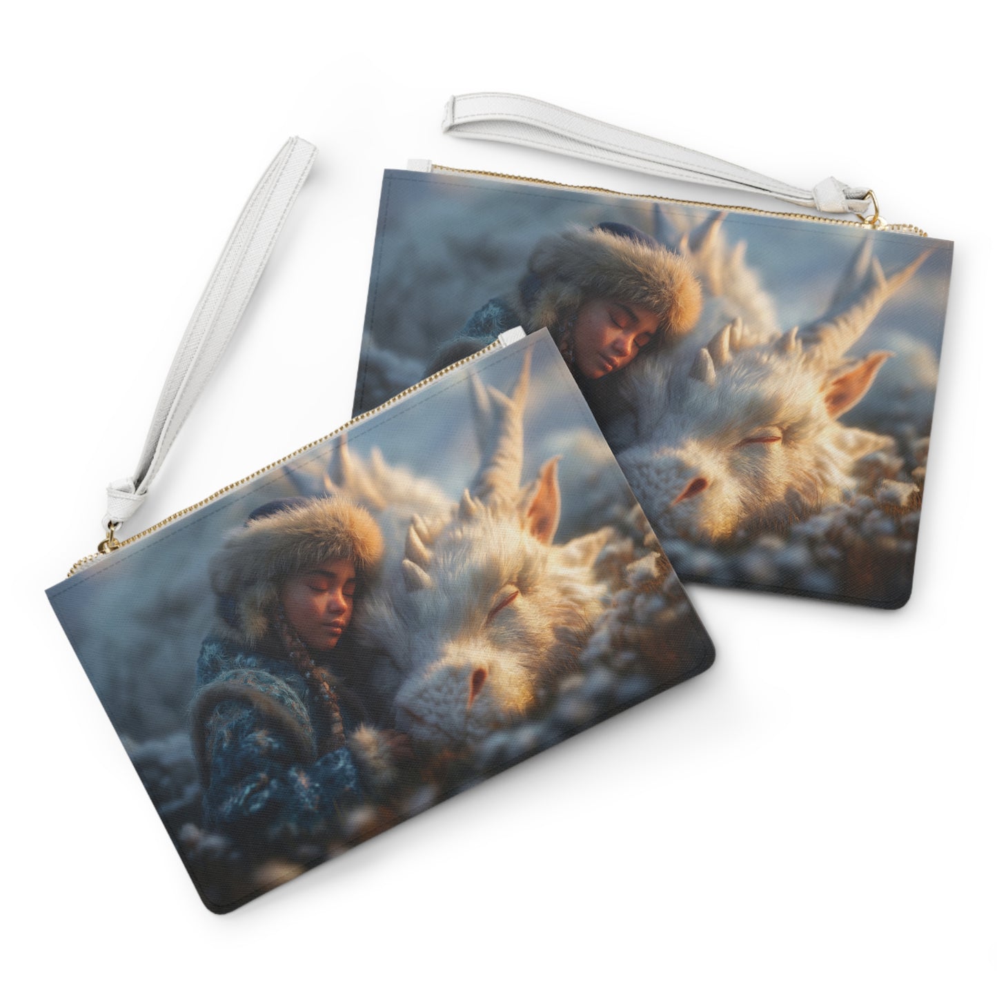 Winter Guardian Clutch Bag – Soft White Dragon & Child Resting Together