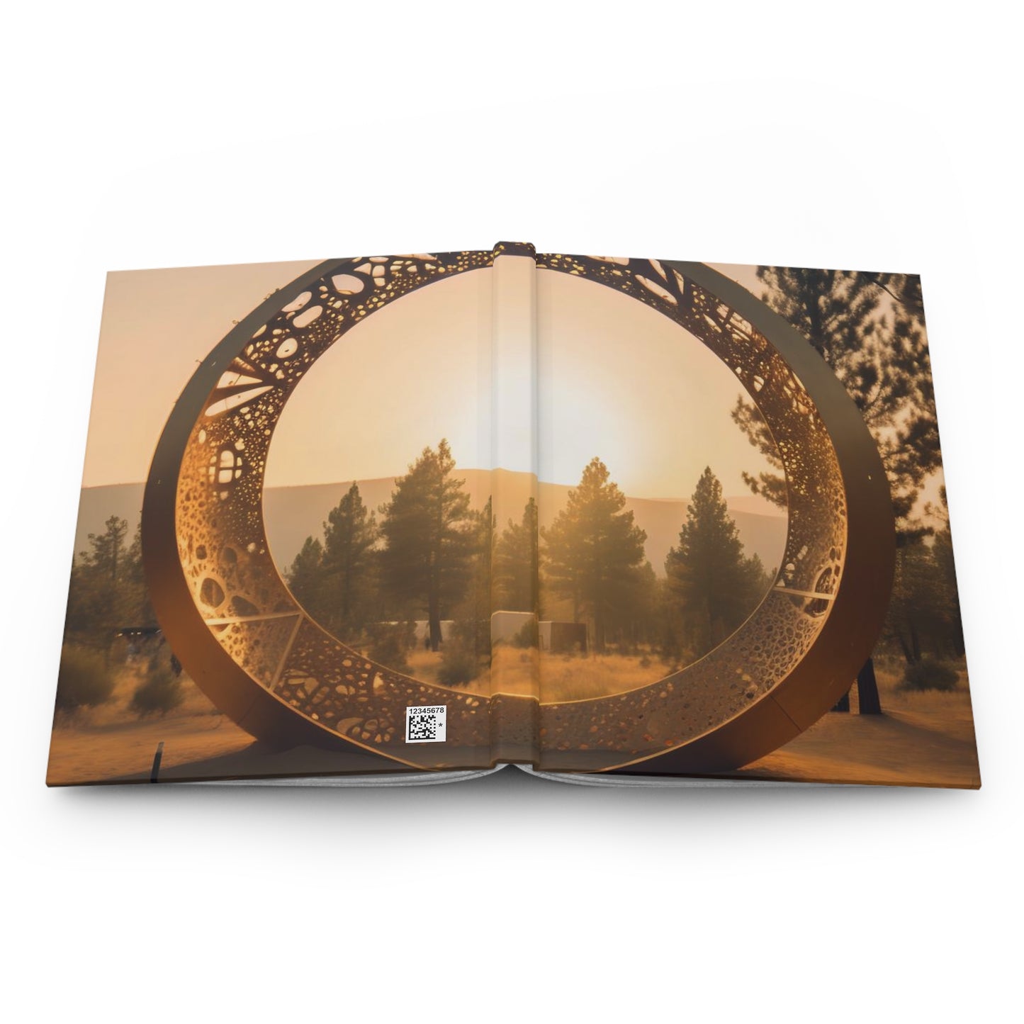 golden hour, rune-carved stargate made of glowing steel that forms a circle, leads to the burning man festival, forest in the background, cinematic view, epic sky - Hardcover Journal Matte