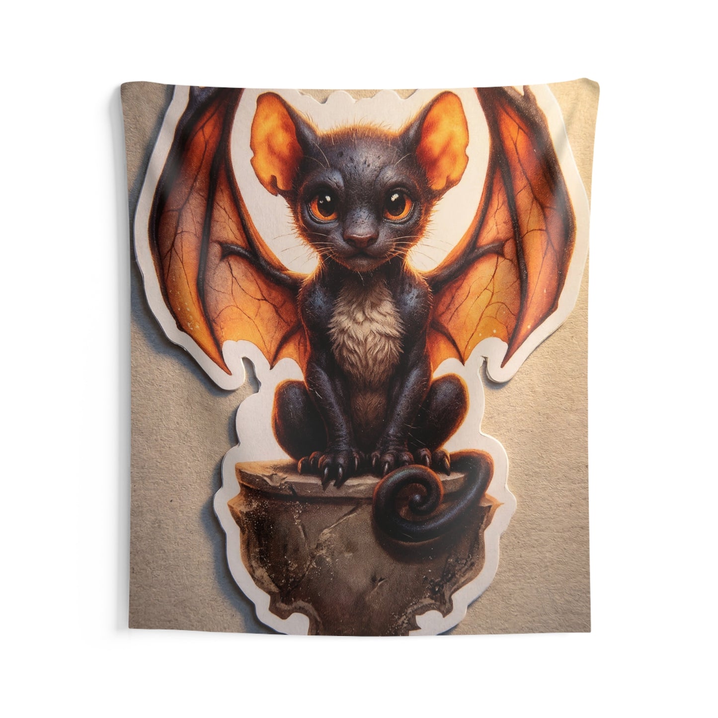 Winged Feline Sentinel Indoor Wall Tapestries – Warm Glow in Midnight Wings