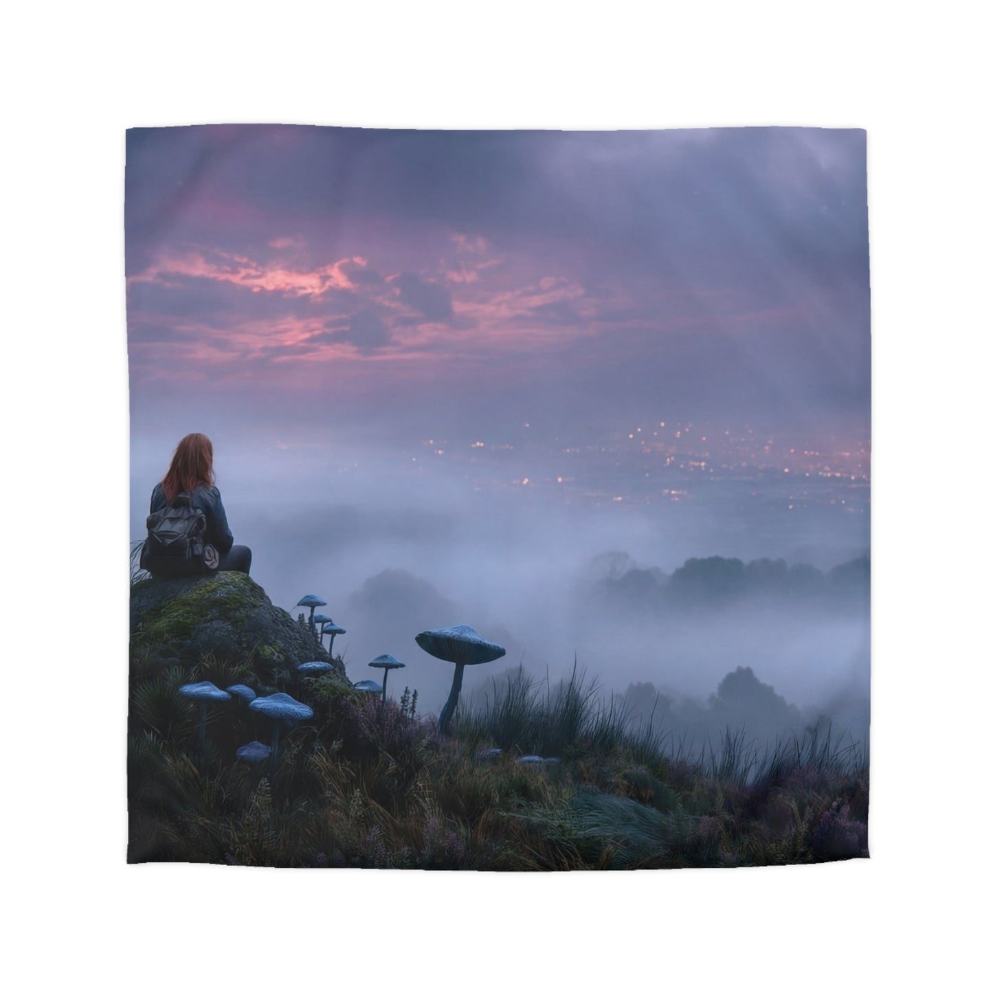 Moonlit Wanderer Microfiber Duvet Cover – Twilight Vista with Bioluminescent Fungi