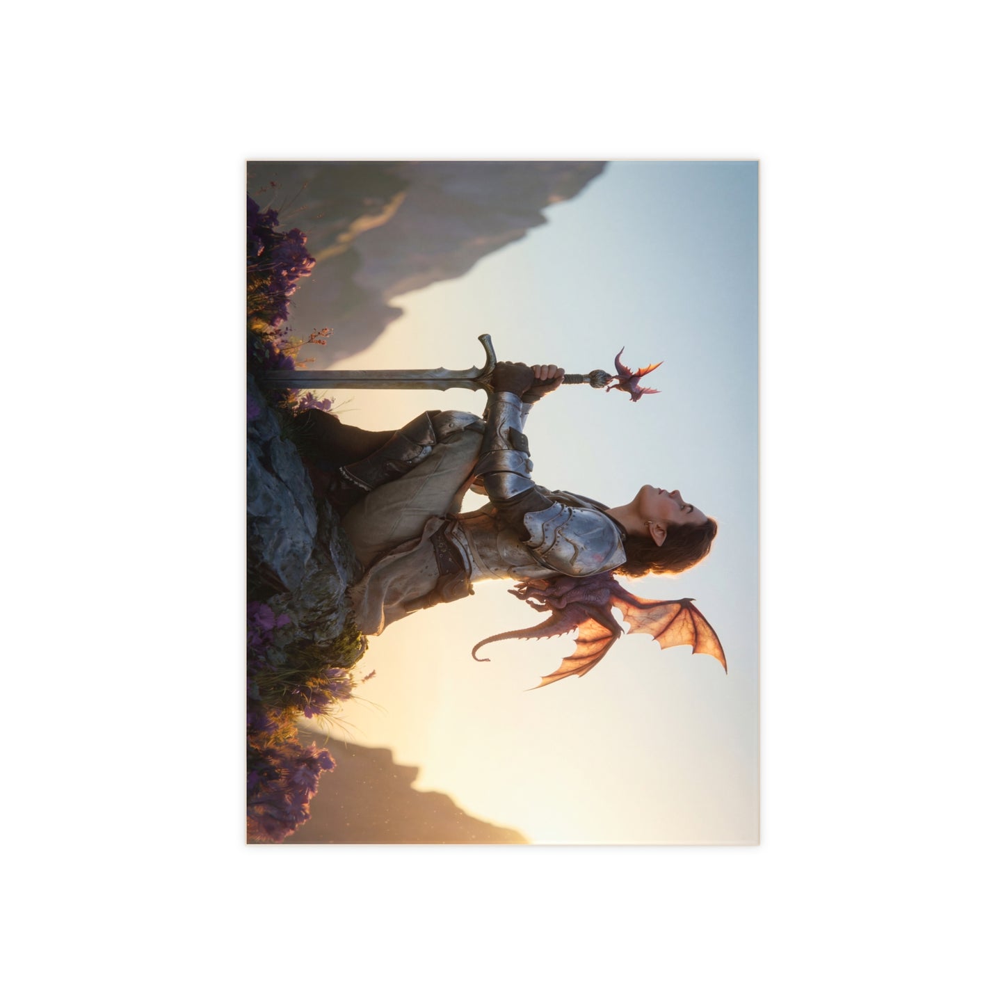 Dragon-Scaled Warrior Ceramic Photo Tile – Sunset Sentinel with Tiny Dragon