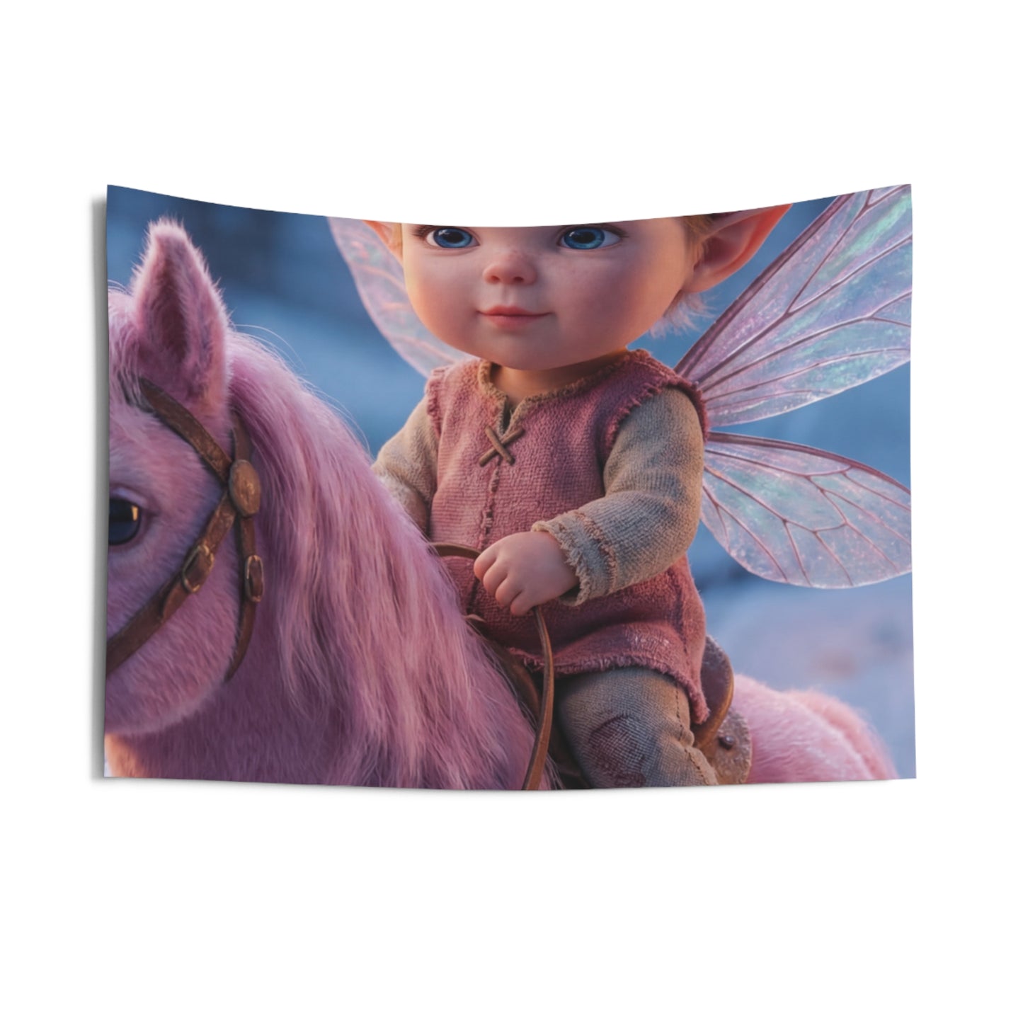 Fairy Child on Pink Unicorn Indoor Wall Tapestries – Winter Forest Whispers