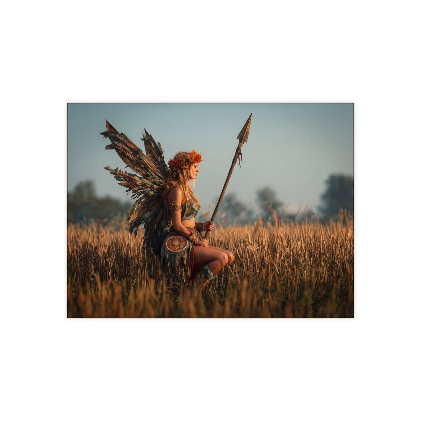 Warrior Fairy in Golden Field Ceramic Photo Tile – Sunset Sentinel of the Harvest