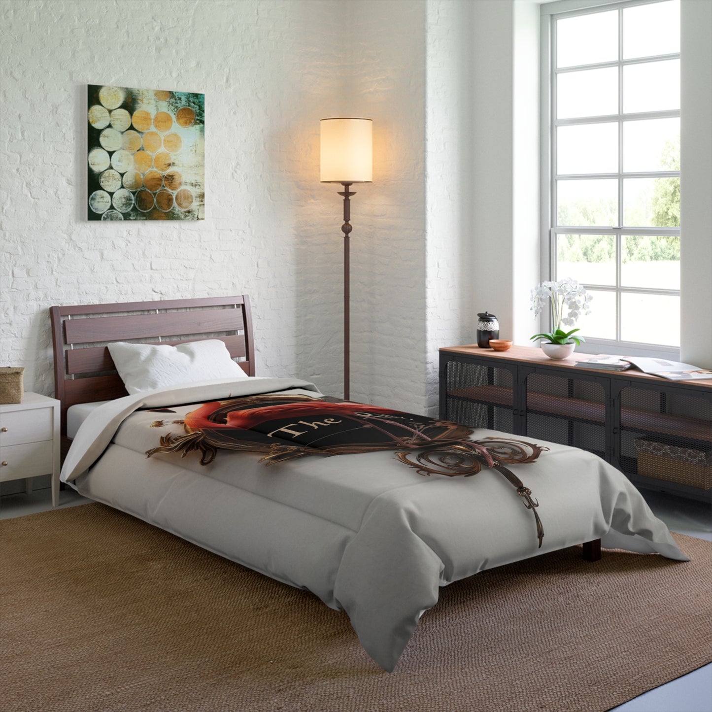 Regal Flamingo Clock Comforter – Opulent Gilded Hourglass