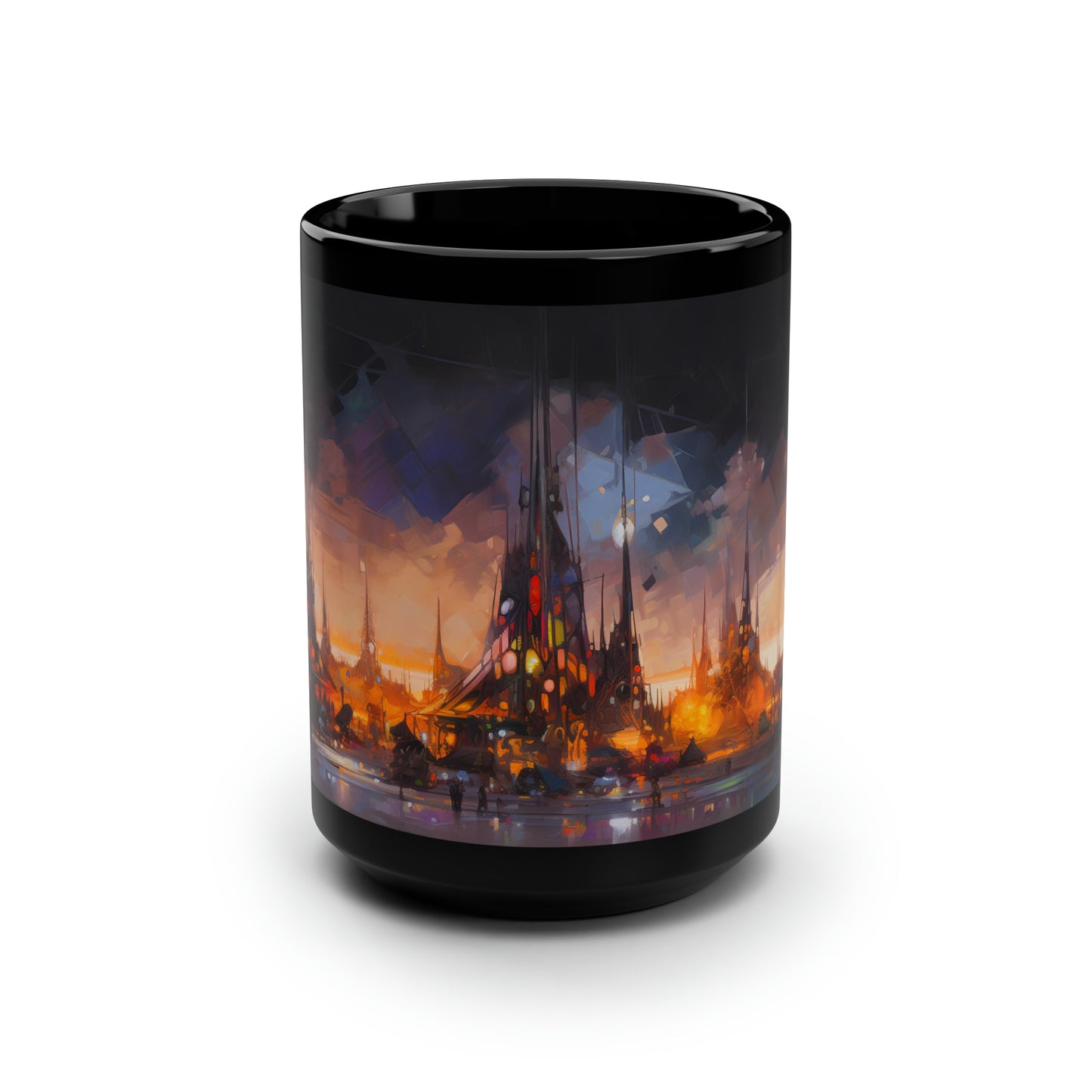 Oil painting of a captivating nocturnal landscape at Burning Man, featuring grand and imaginative art installations - Mug, Black