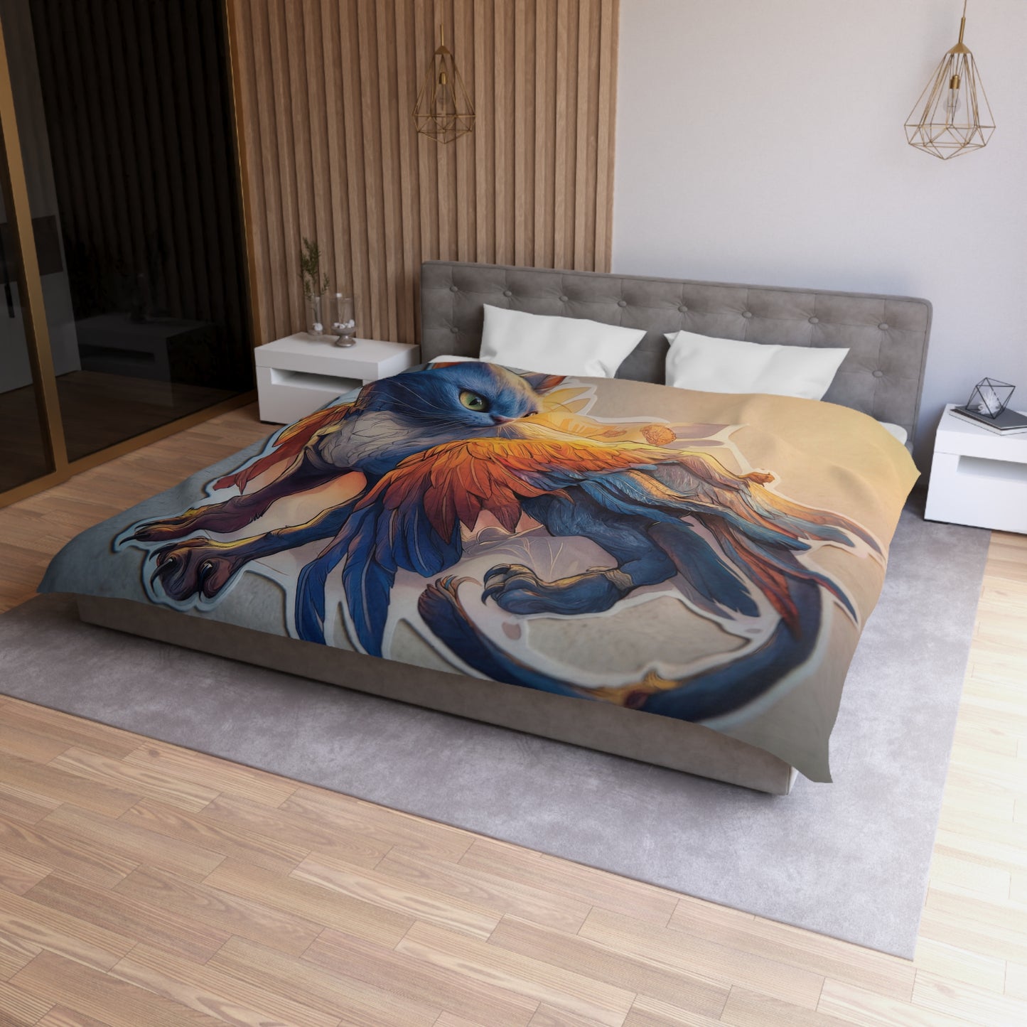 Azure Winged Cat Microfiber Duvet Cover – Sunset Guardian Dreamscape