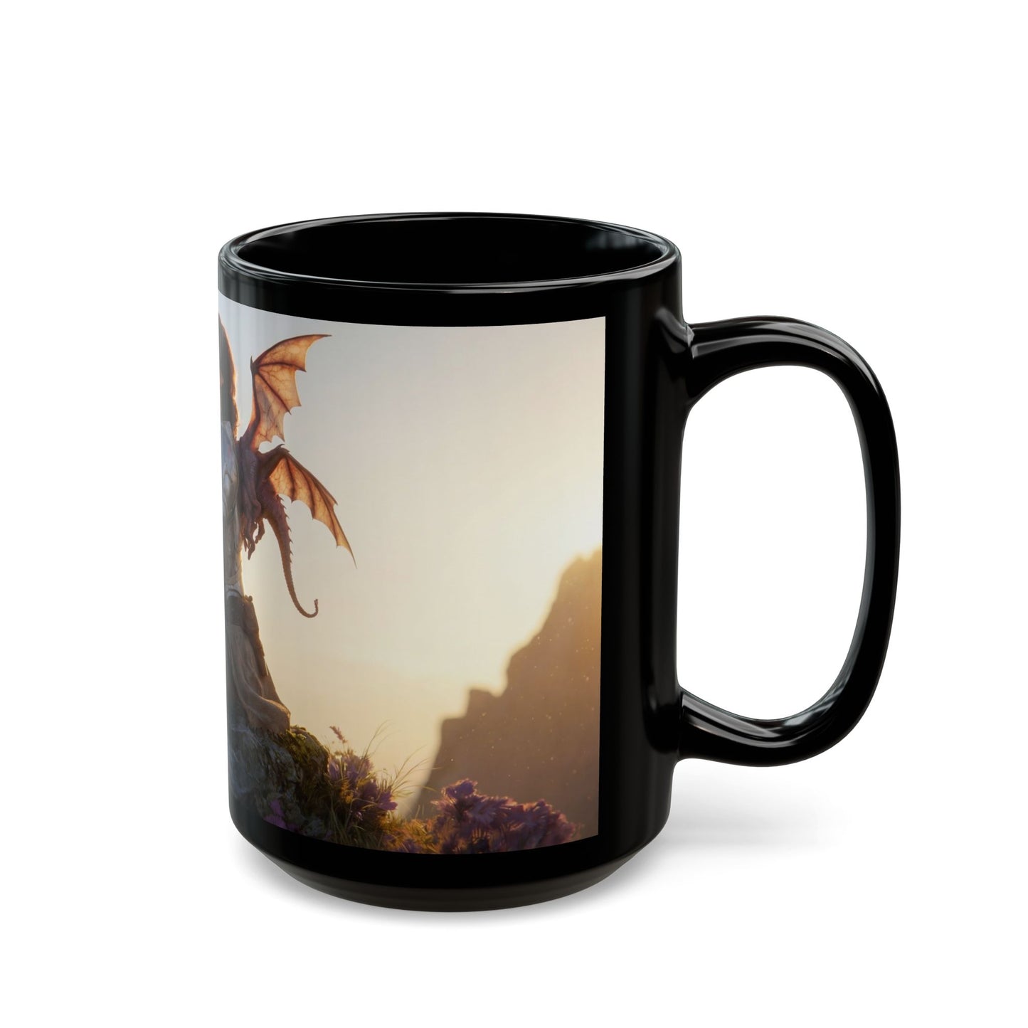 Dragon Knight and Tiny Dragon Black Mug – Sunset Sentinel Dreamscape