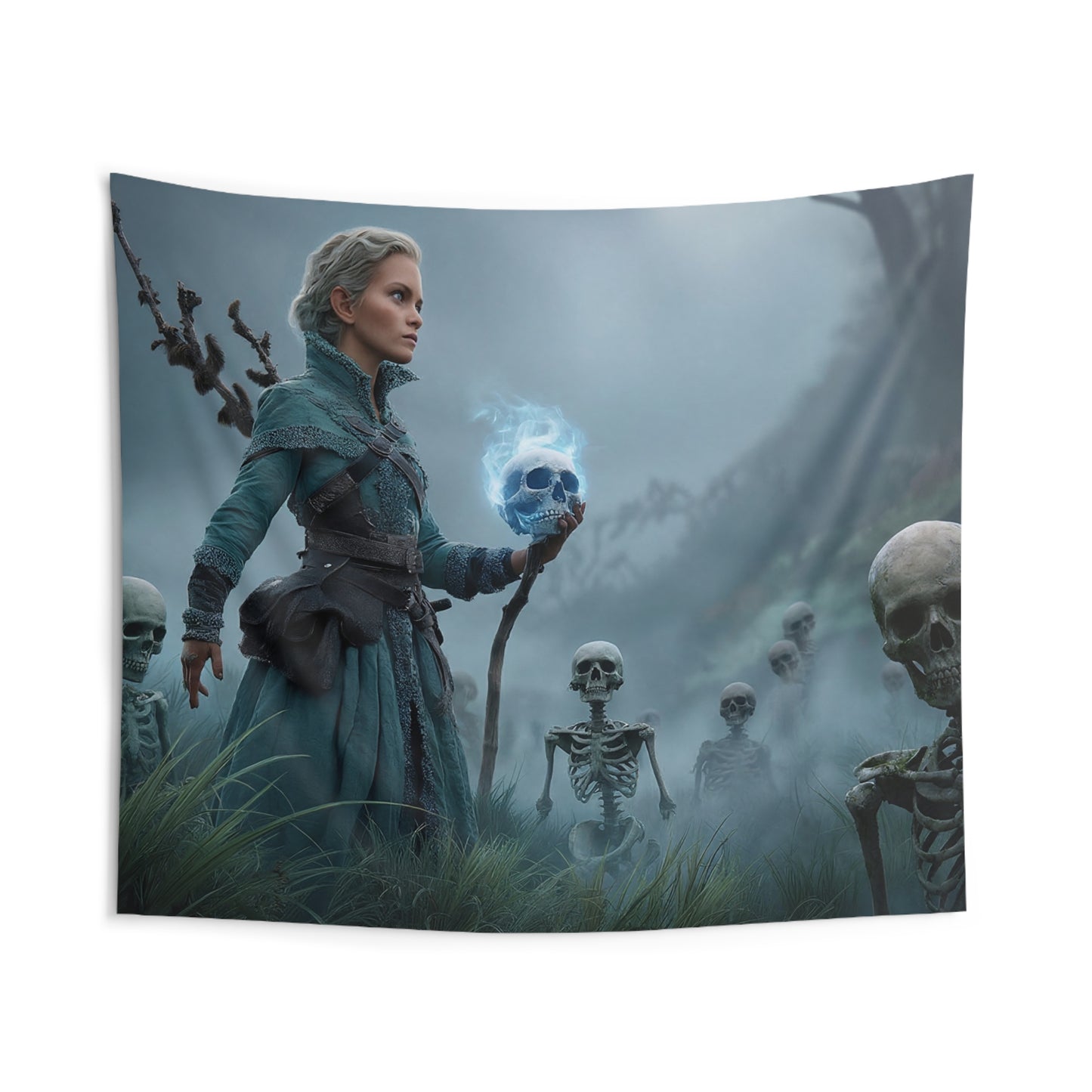 Mistbound Necromancer Wall Tapestry – Blue-Skull Sentinel in Foggy Grove