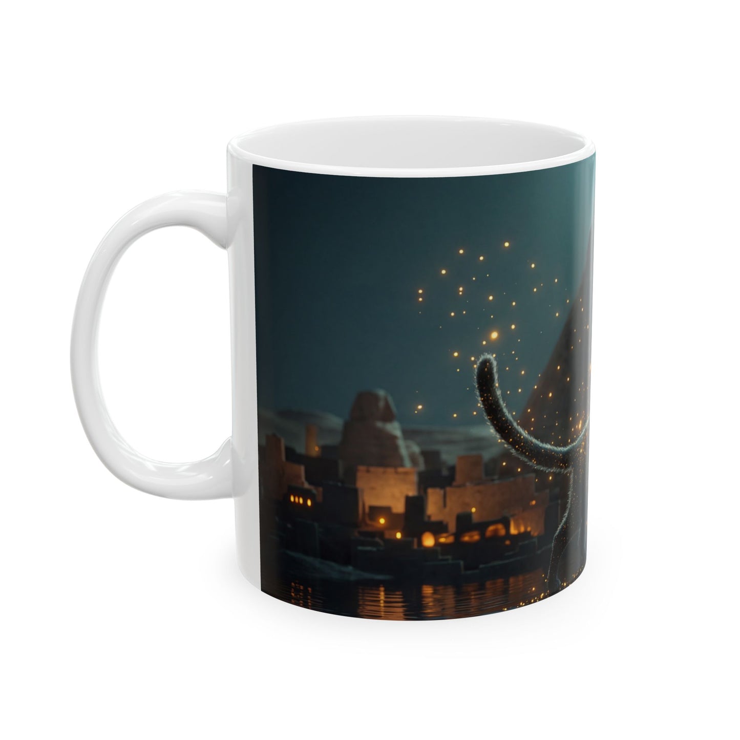 Starlit Cat by Pyramids Ceramic Mug – Midnight Magic Walks the Nile