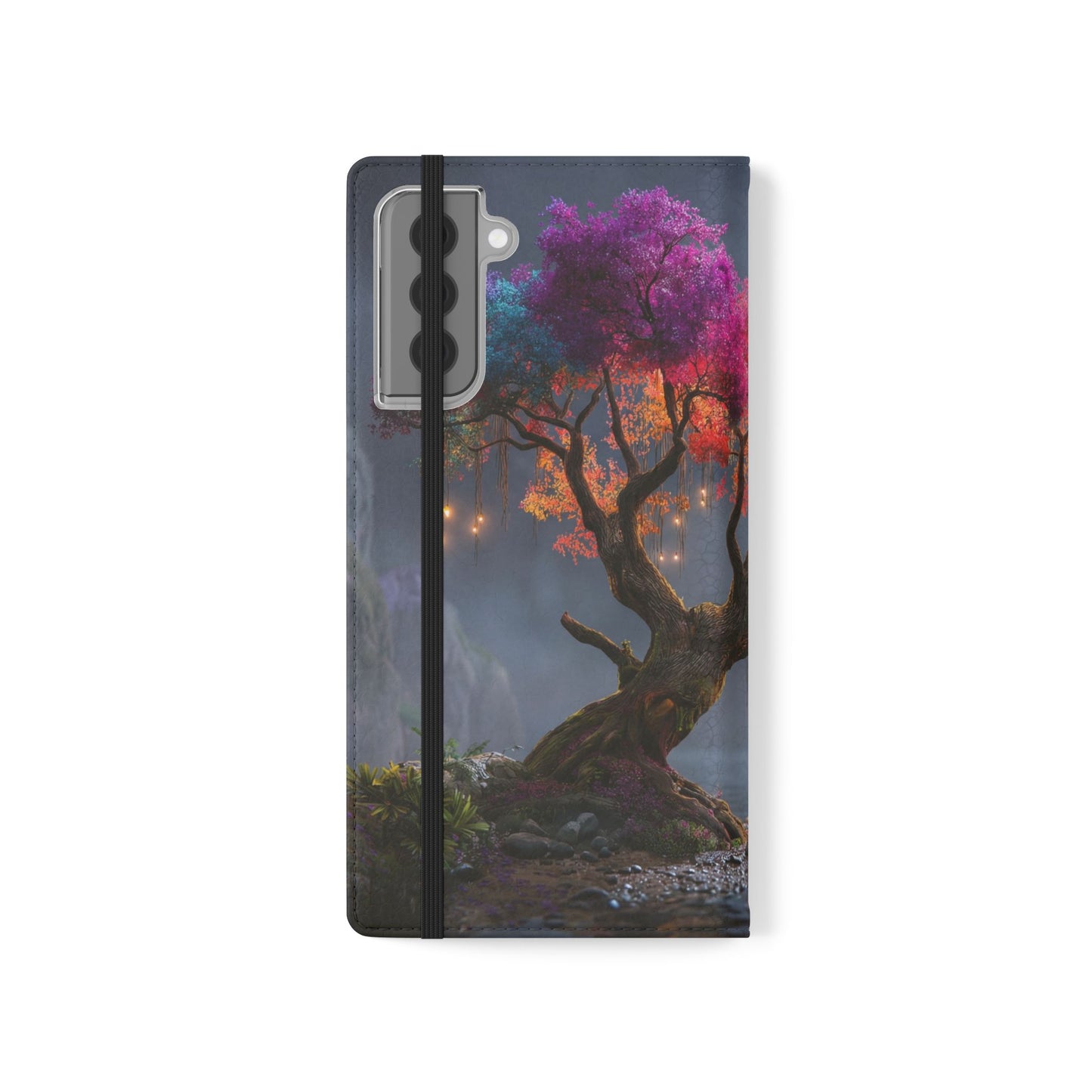 Chromatic Canopy Flip Cases – Rainbow Tree Moonlit Waterfall Scene