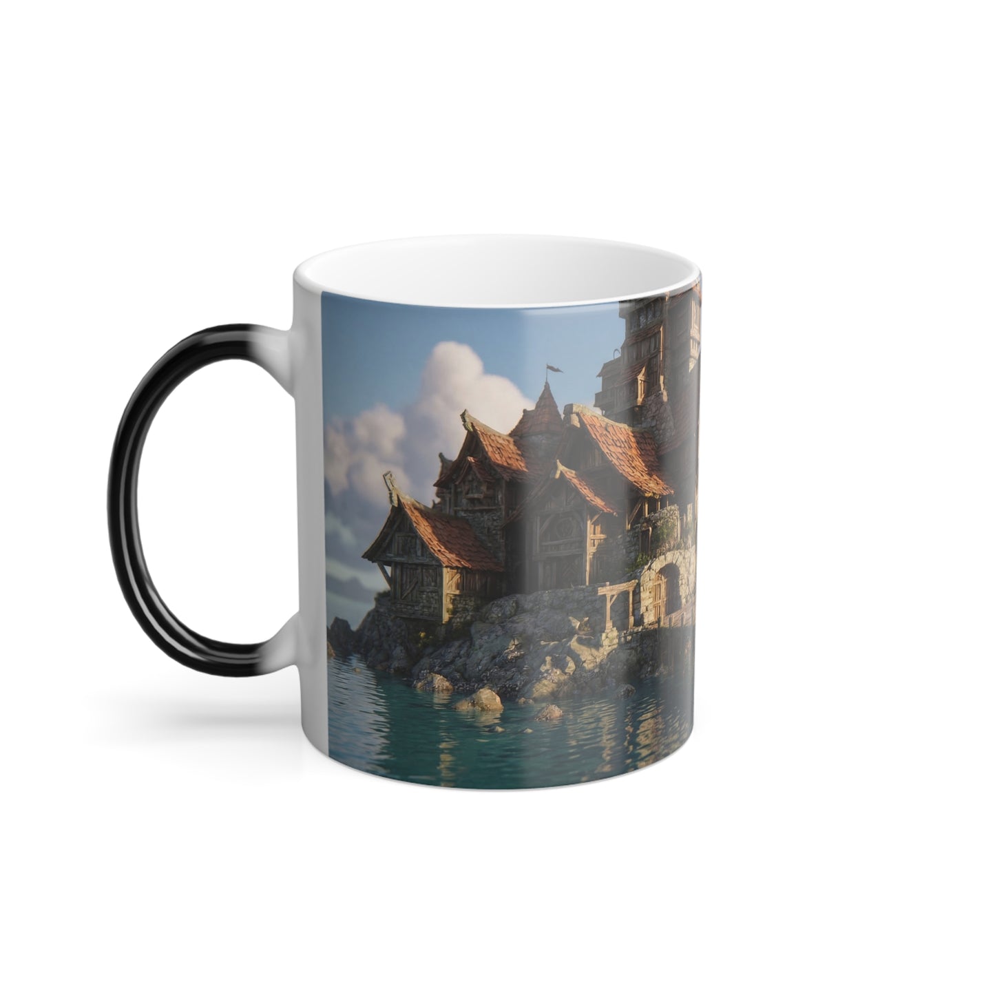 Coastal Timber Village Color Morphing Mug – Sunlit Pier and Stone Spire