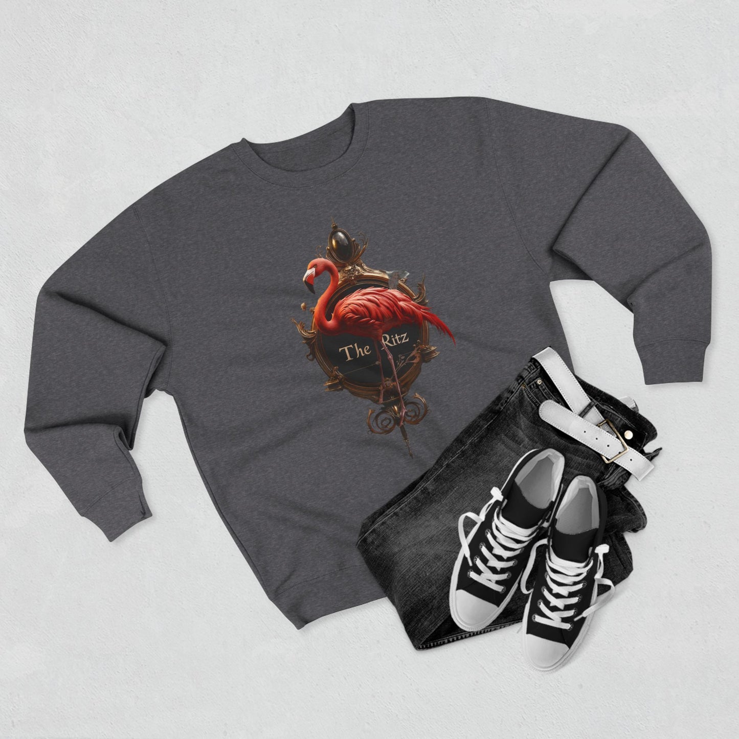 The Ritz Flamingo Unisex Crewneck Sweatshirt – Regal Pink Crest and Ornate Frame