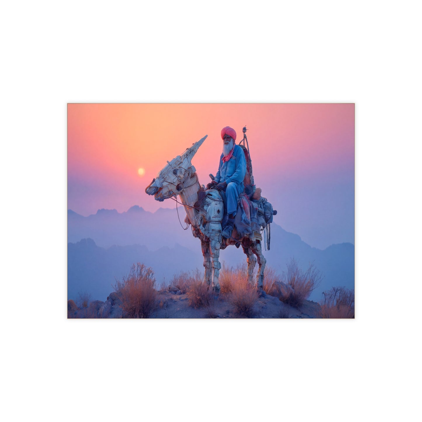 Cyber Donkey Rider Ceramic Photo Tile – Sunset Sentinel of the Dusty Peaks