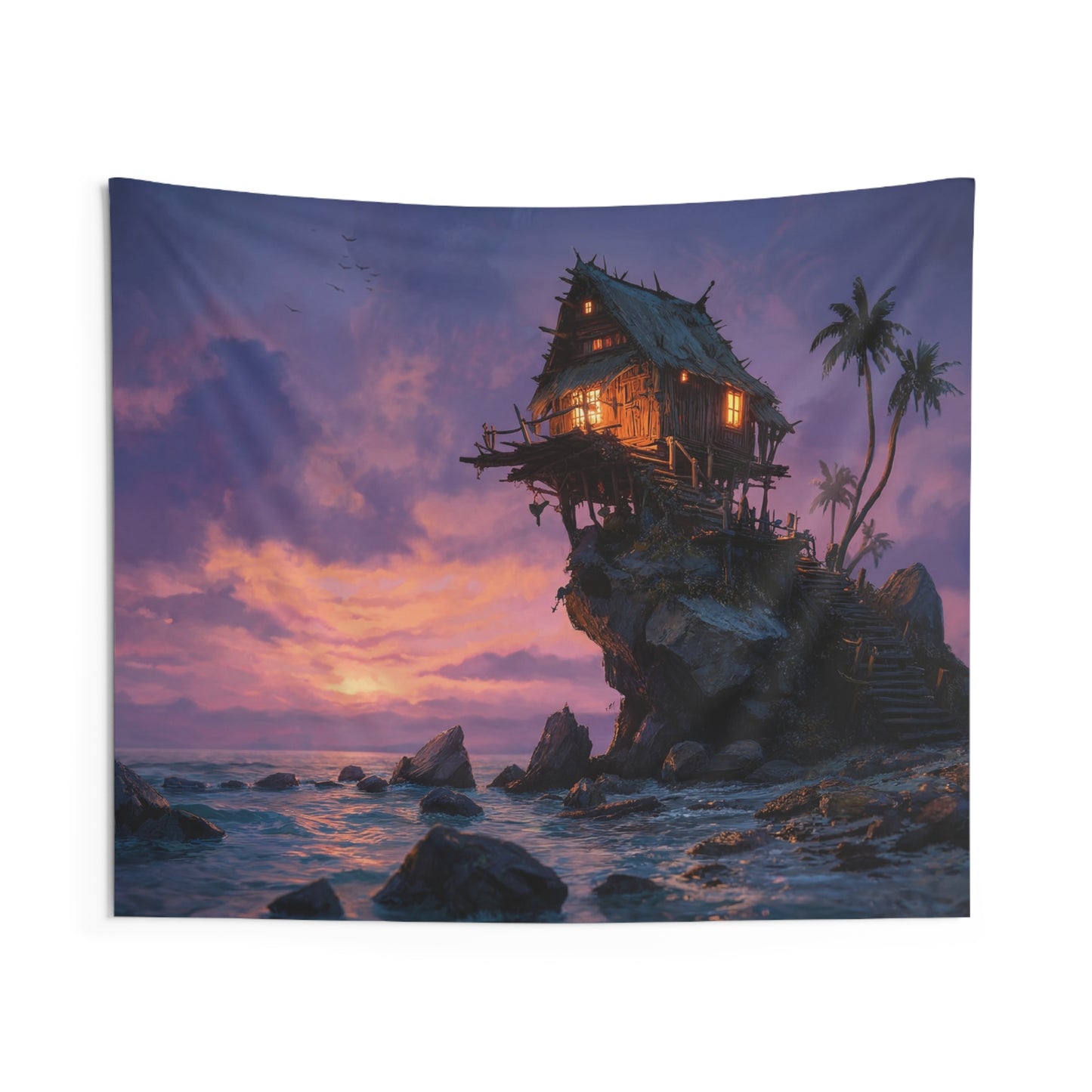 Seabound Cottage Wall Tapestry – Twilight Haven on the Edge of the World