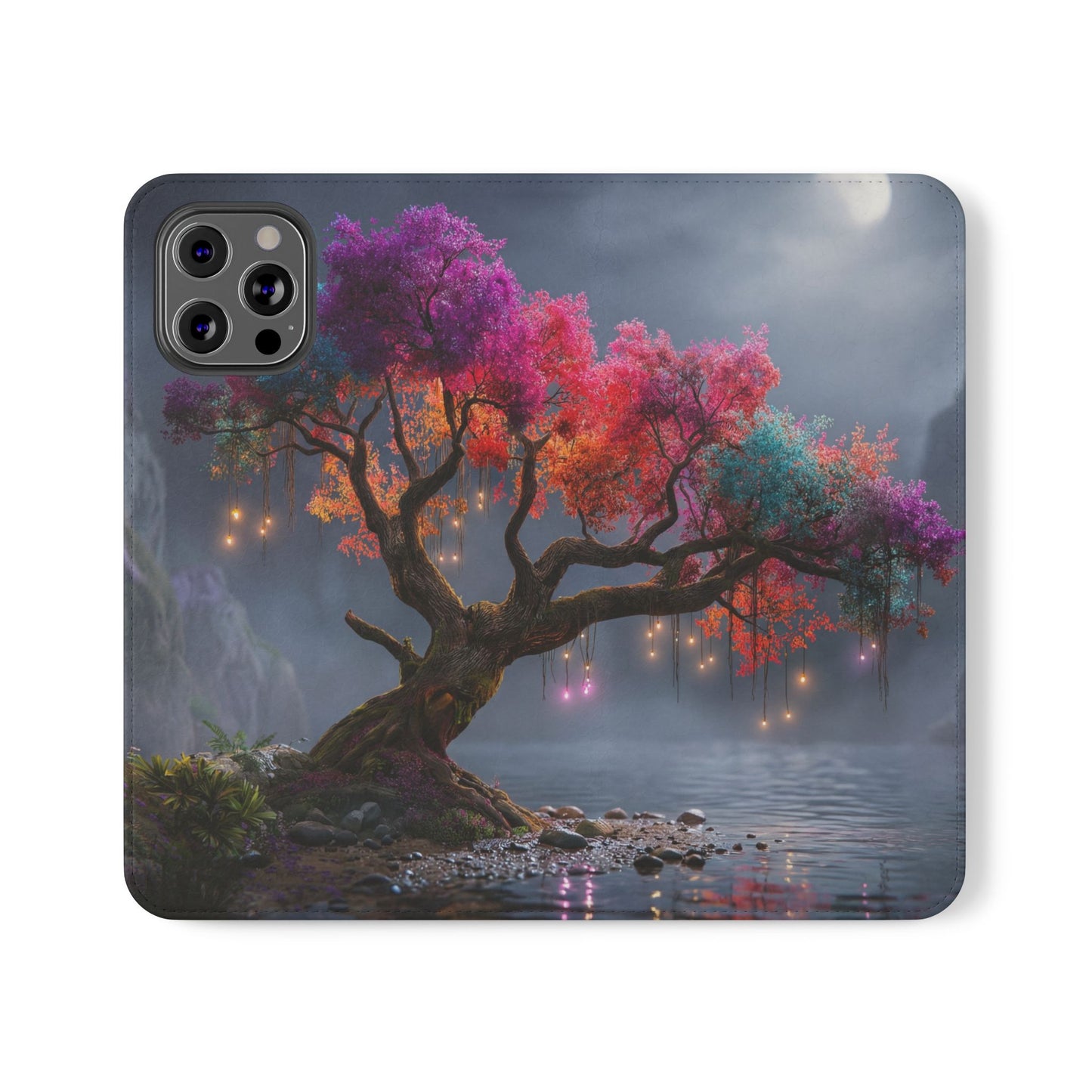 Chromatic Canopy Flip Cases – Rainbow Tree Moonlit Waterfall Scene