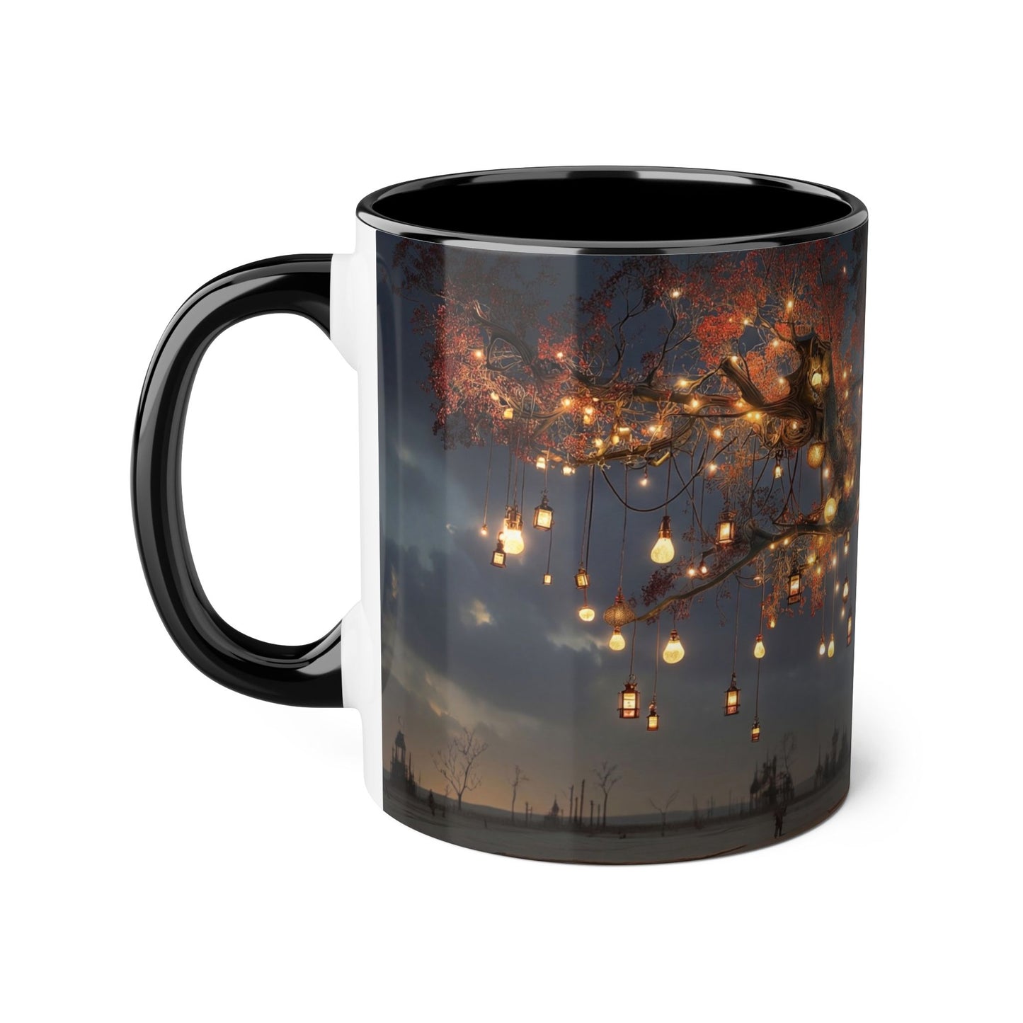 Lantern-Heavy Tree Accent Mugs, 11oz – Amber Glow Over Blue-Glowing Roots