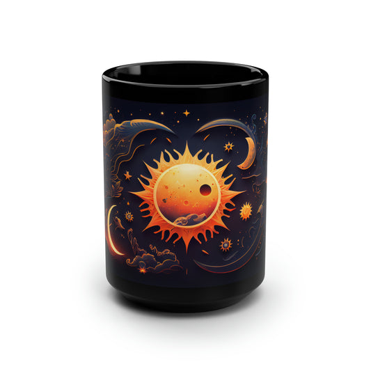 8K, high resolution detailed vector illustration poster, sun, celestial symbols, glowing accents - Mug, Black