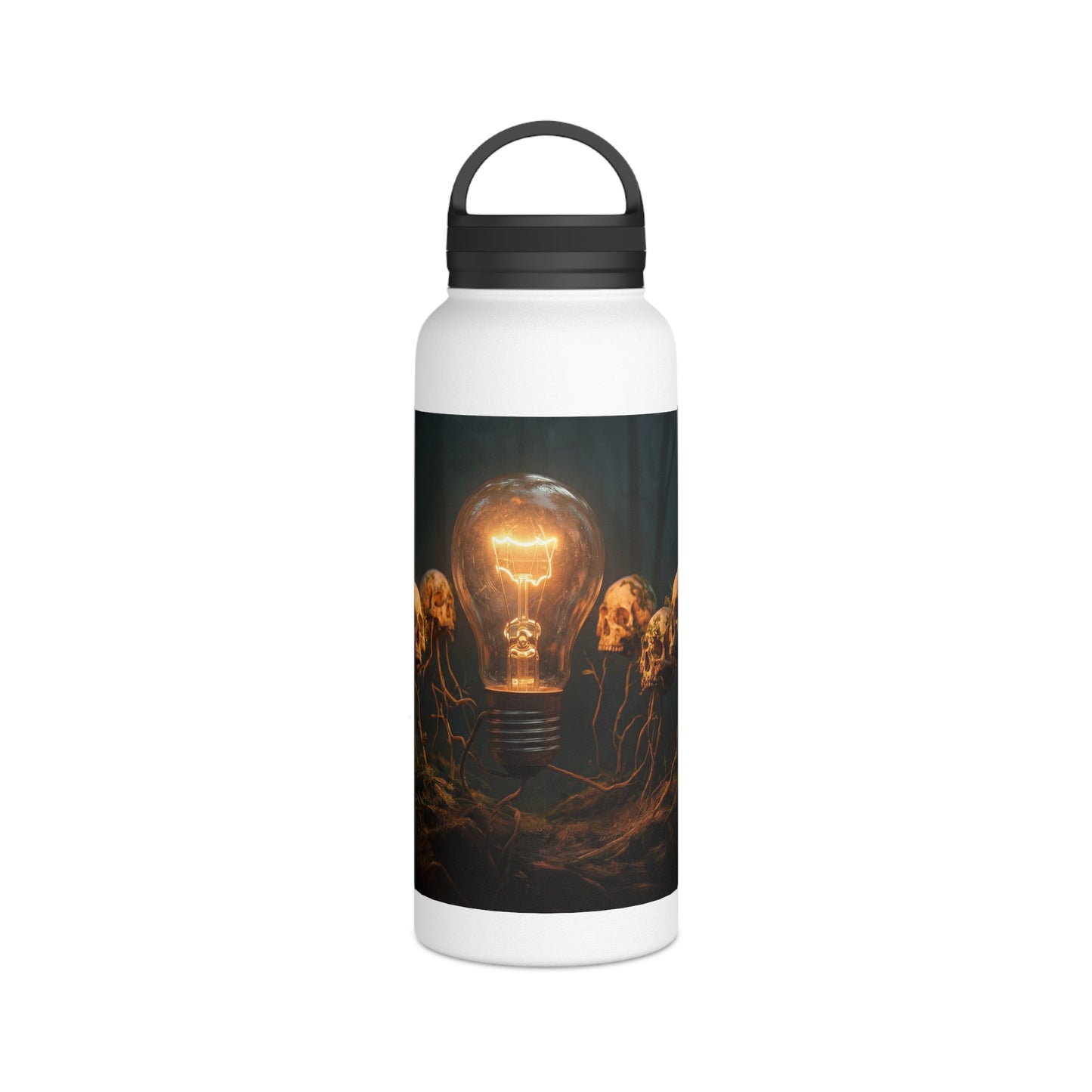 Glowing Lightbulb in Haunted Forest Stainless Steel Water Bottle, Handle Lid – Illuminated Wisdom Amidst the Roots
