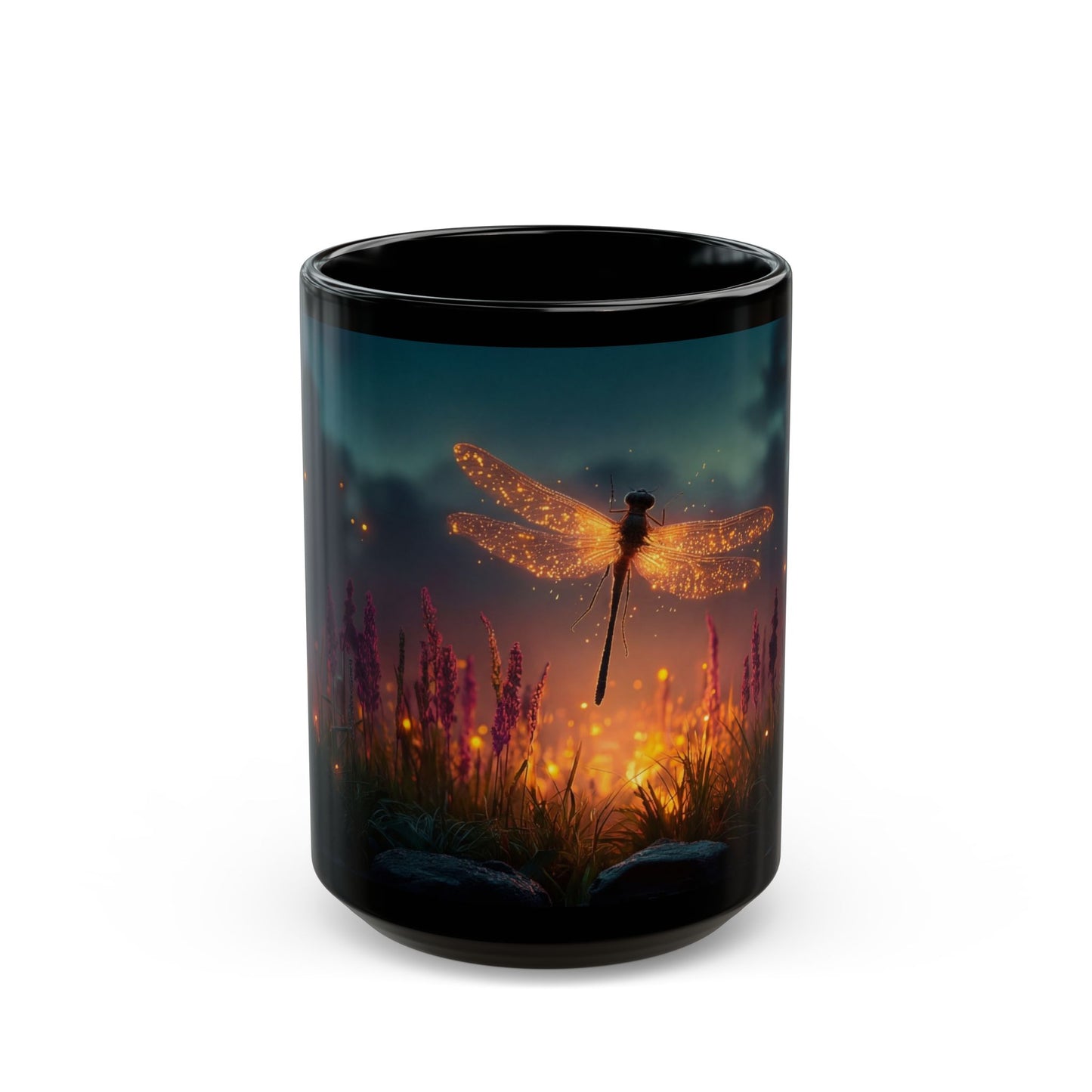 Glowing Dragonfly Black Mug – Twilight Meadow Dreamscape