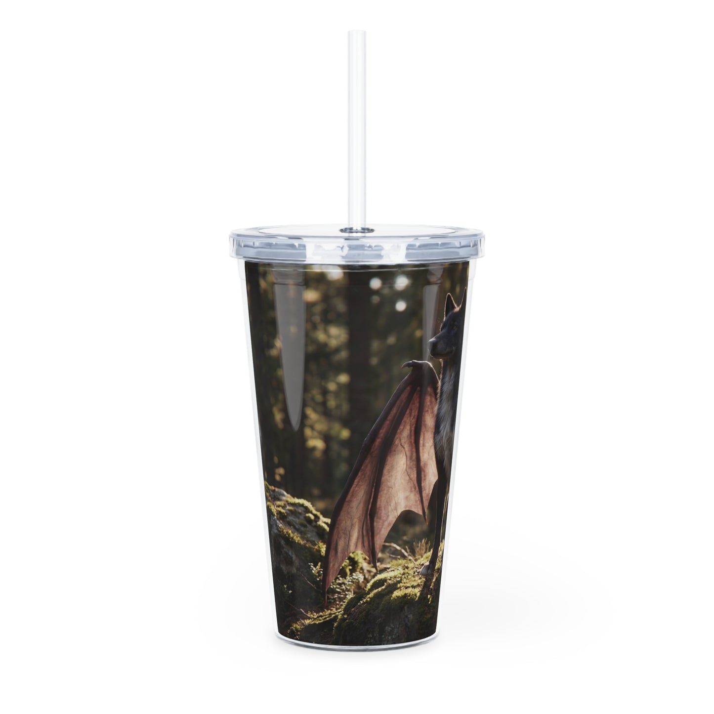 Dragon Wolf in Sunlit Woods Plastic Tumbler with Straw – Guardian of the Mossy Glade