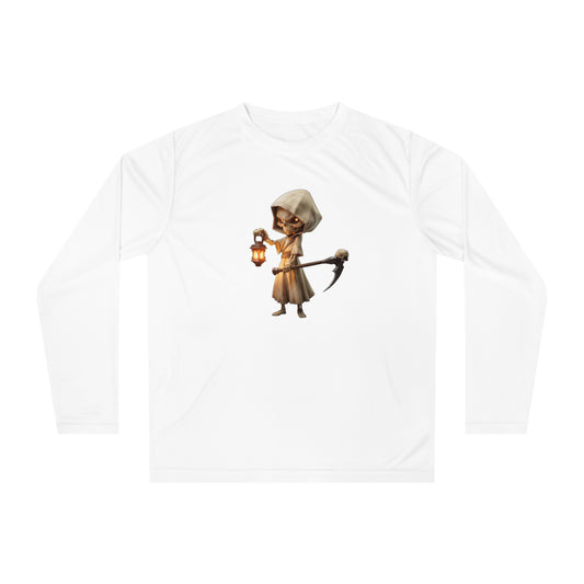Lantern-Bearing Sentinel Unisex Performance Long Sleeve Shirt – Hooded Skeleton with Scythe and Warm Glow