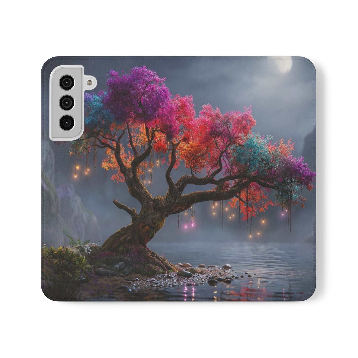 Chromatic Canopy Flip Cases – Rainbow Tree Moonlit Waterfall Scene