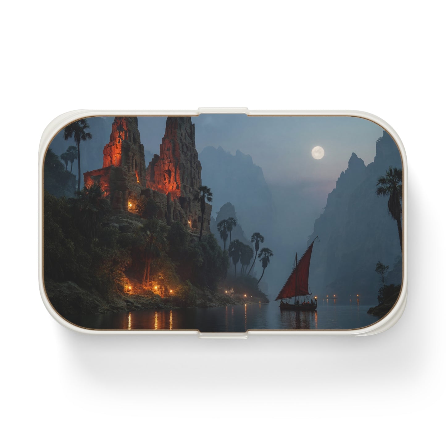 Moonlit Temple Ruins Bento Lunch Box – Crimson Lanterns on the River of Whispers