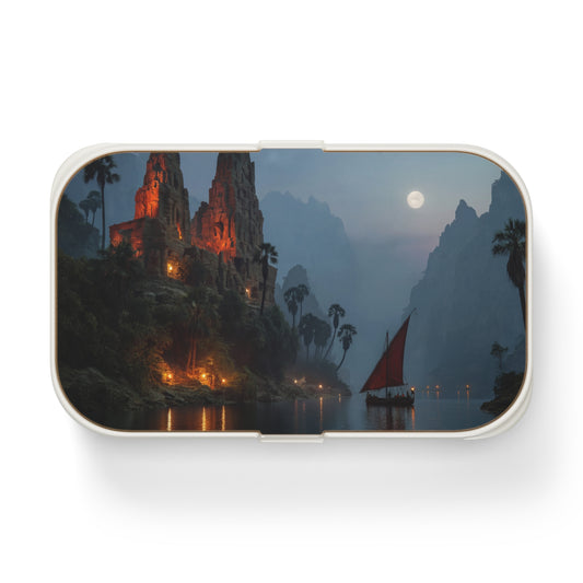 Moonlit Temple Ruins Bento Lunch Box – Crimson Lanterns on the River of Whispers