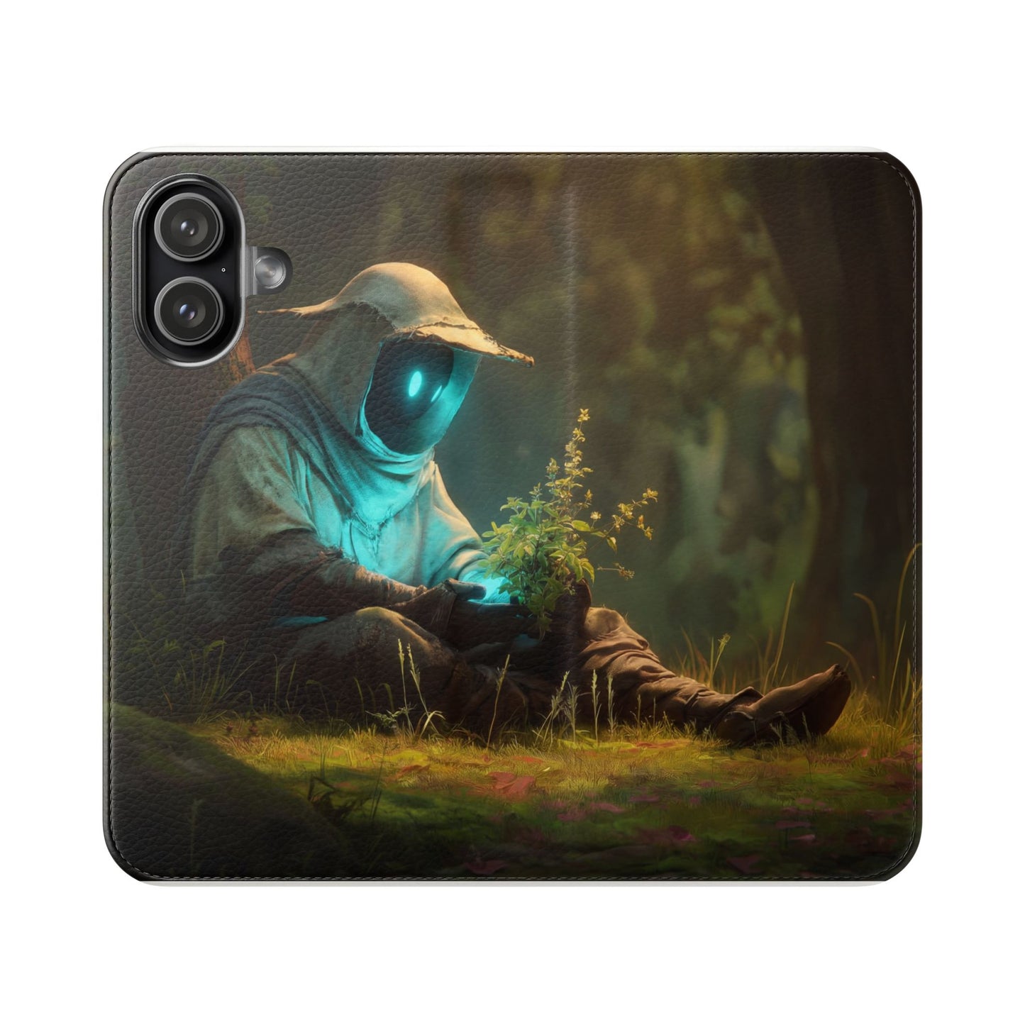 Glowing Orb Hooded Guardian Flip Cases – Bioluminescent Forest Keeper