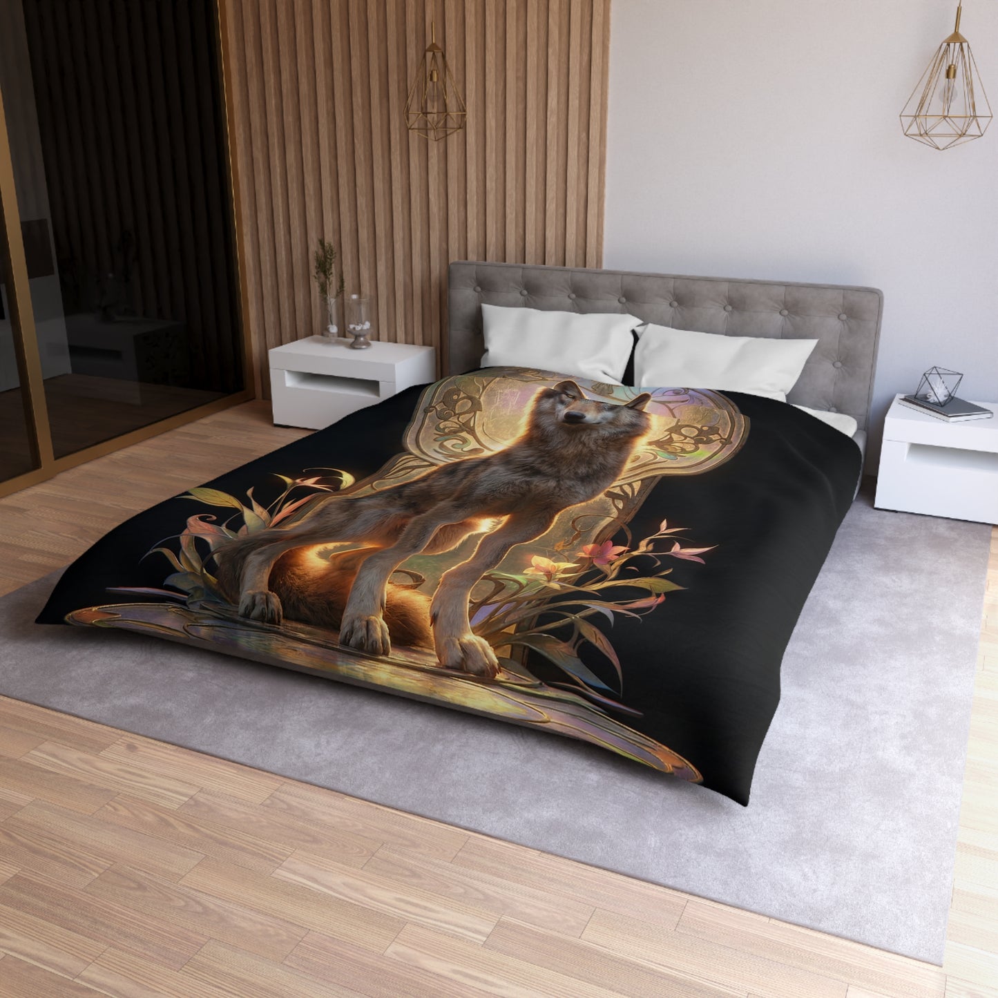 Regal Wolf Throne Microfiber Duvet Cover – Golden Light Through Art Nouveau Arch