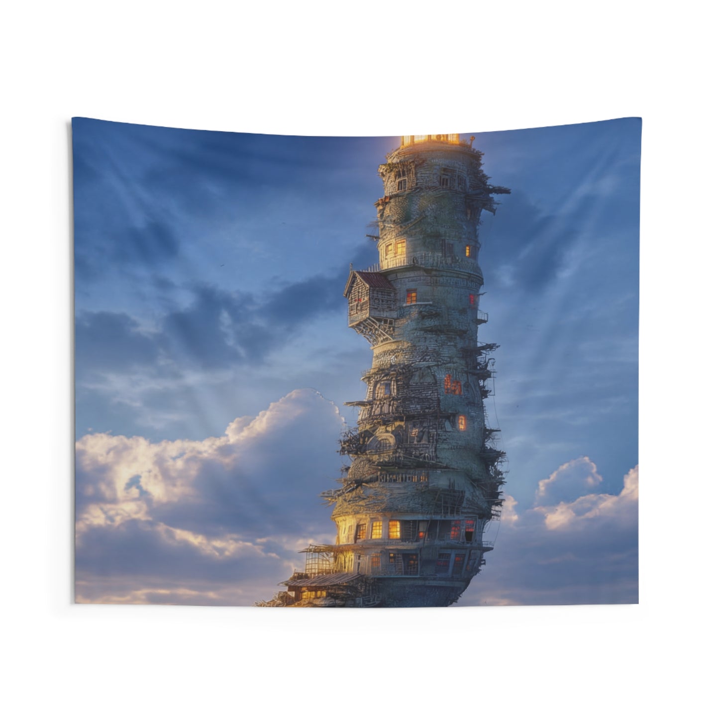 Skyborne Lighthouse Indoor Wall Tapestries – Aetherial Beacon at Dusk