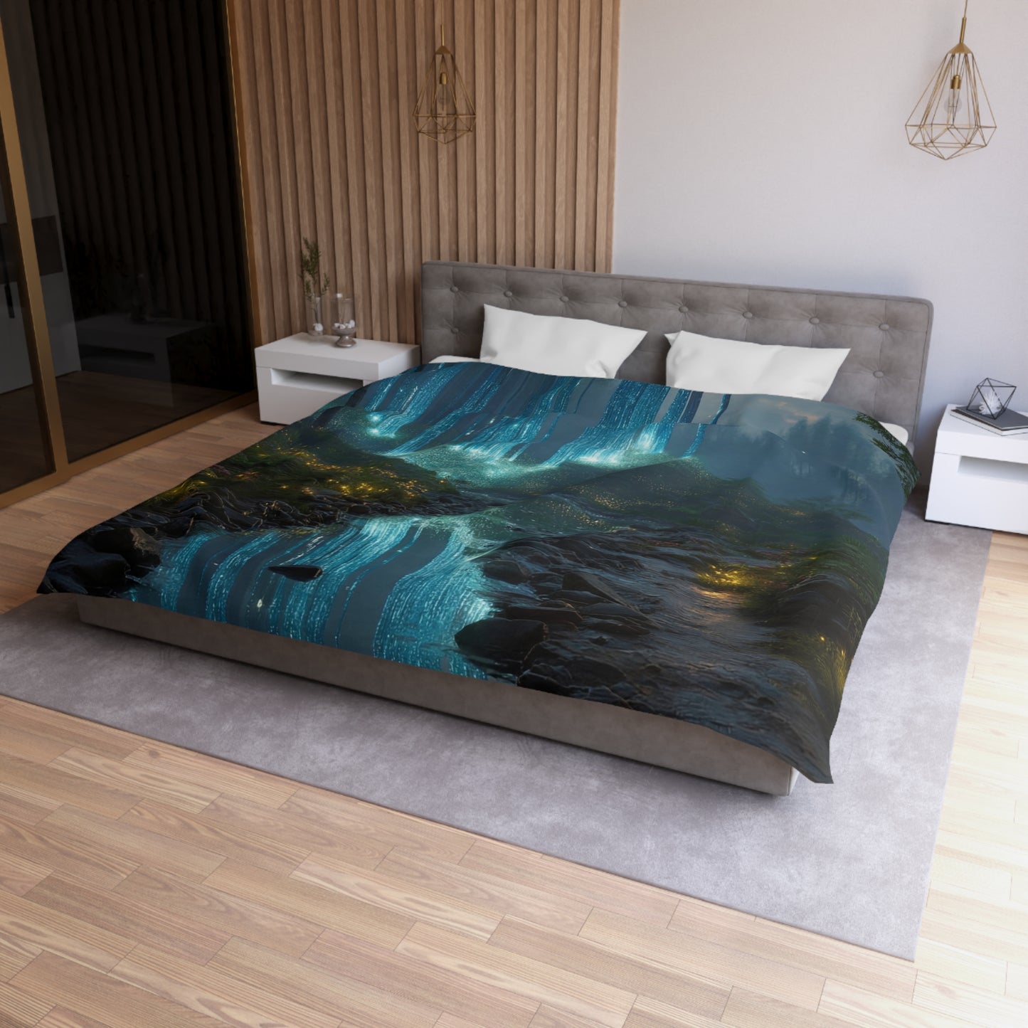 Celestial Waterfall Forest Microfiber Duvet Cover – Azure Light Reverie