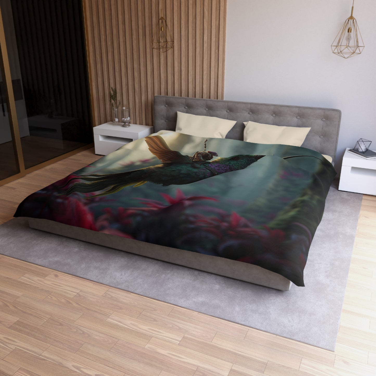 Hummingbird Rider Microfiber Duvet Cover – Dawn’s Whisper Through Emerald Canopy