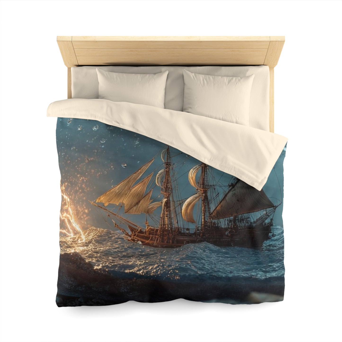 Storm-Sailed Ship in Bottle Microfiber Duvet Cover – Pocketed Ocean Dreamscape