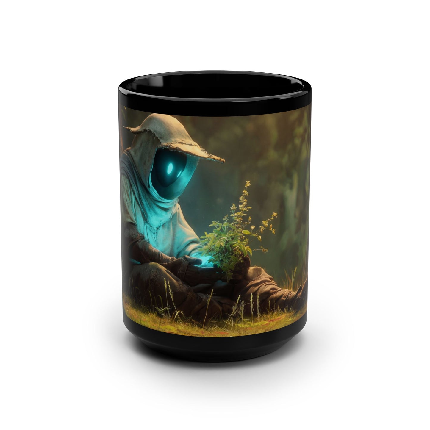 Forest Guardian Black Mug, 15oz – Bioluminescent Plant Caretaker
