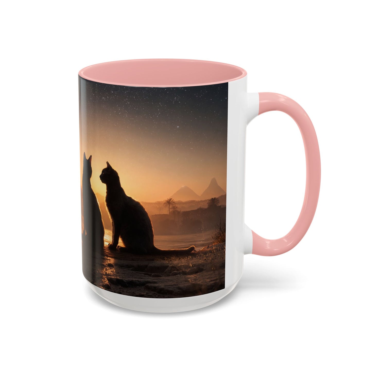 Starry Nile Guardian Cats Accent Coffee Mug (11, 15oz) – Ancient Pyramids Milky Way