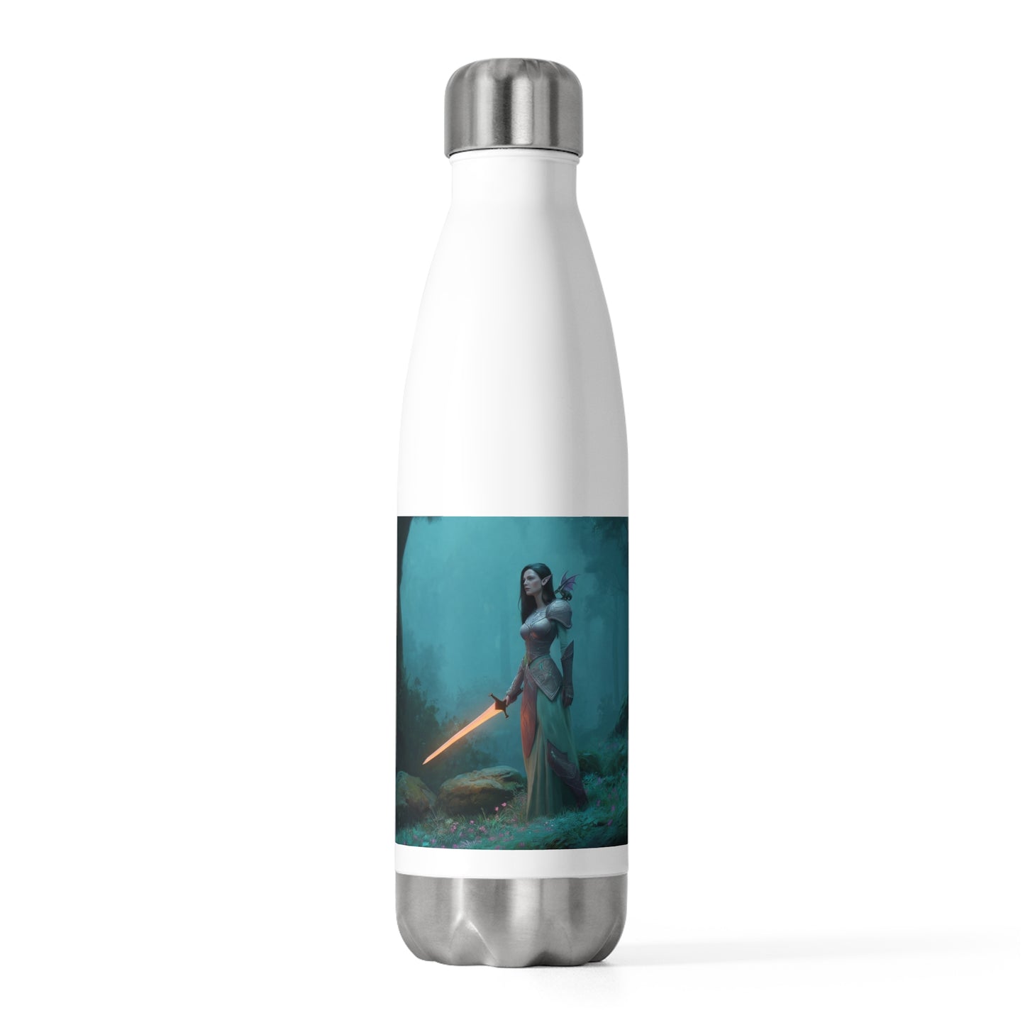 Elven Sentinel 20oz Insulated Bottle – Moonlit Grove with Glowing Sword