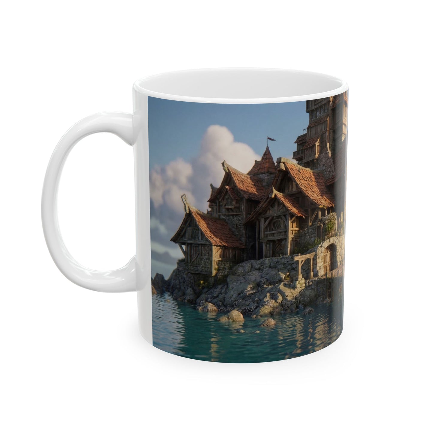 Coastal Viking Village Ceramic Mug – Sunset Harbor Whispers (11oz, 15oz)