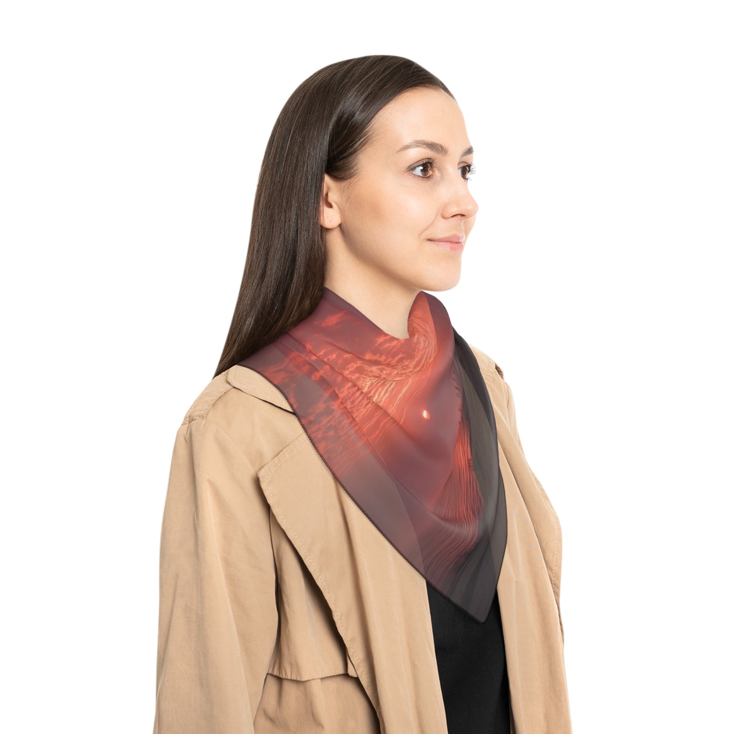 Lone Traveler Ascends Stone Staircase Scarf – Crimson Sky Odyssey
