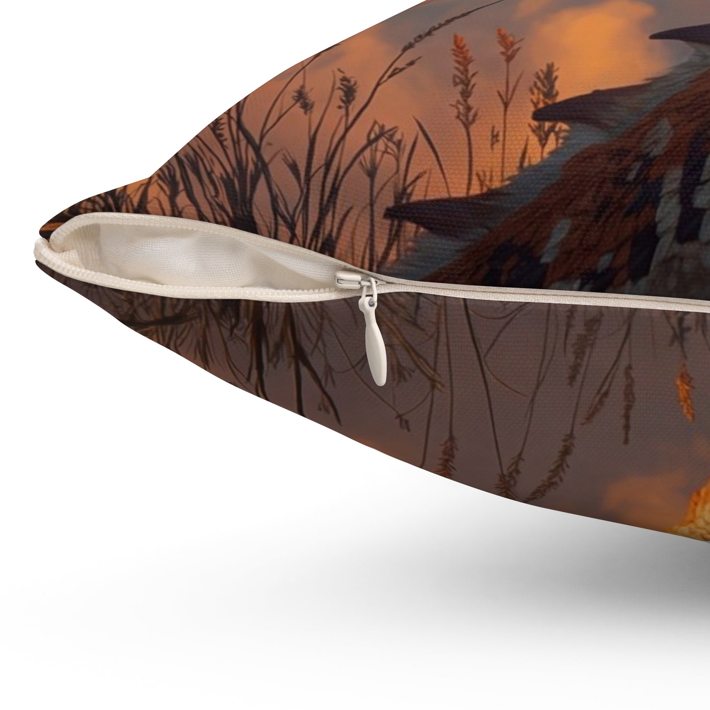Sunset Sentinel Dragon Spun Polyester Square Pillow – Warm Amber Glow in Wild Grasses