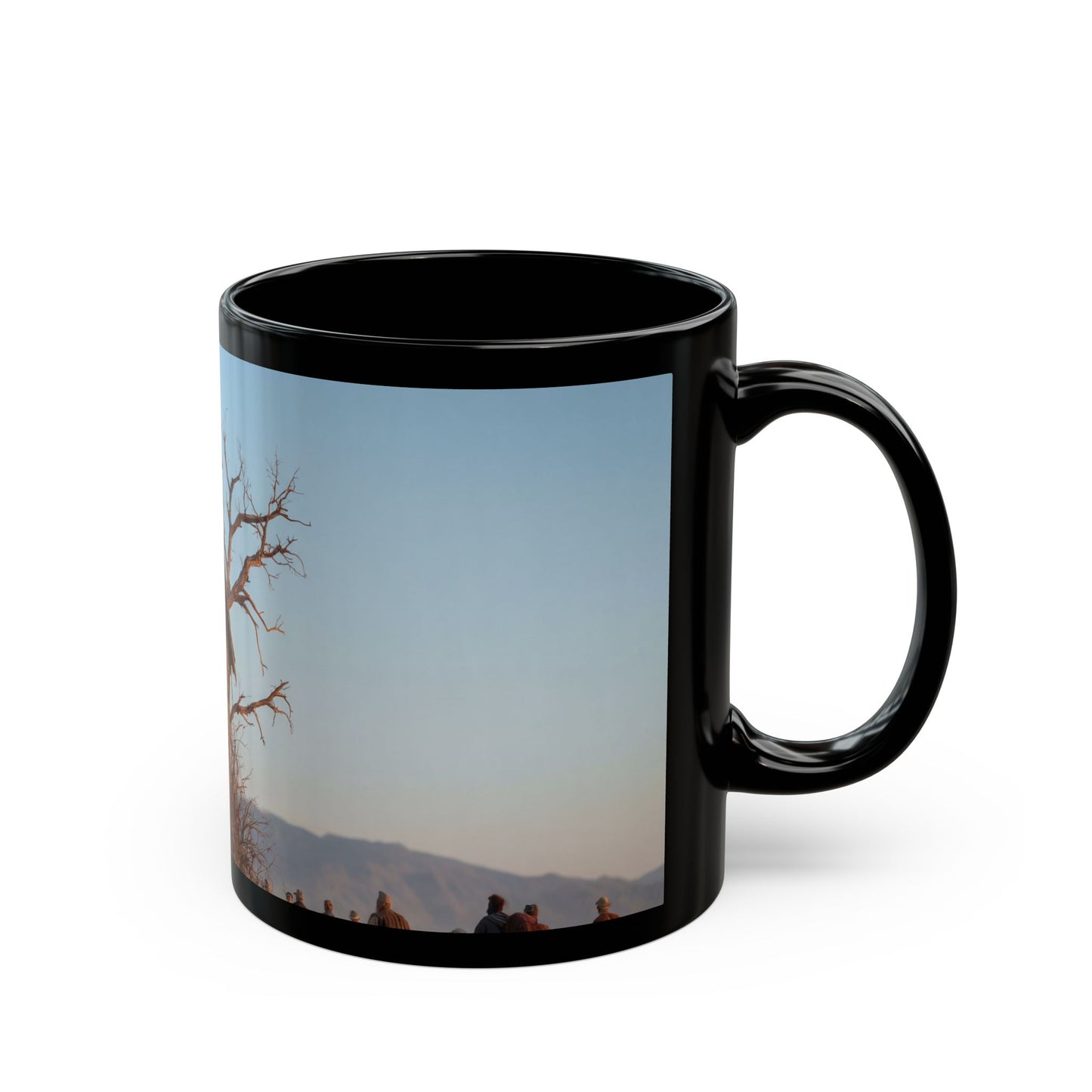 Clocktower in the Dust Black Mug – Wandering Timekeeper in the Desert