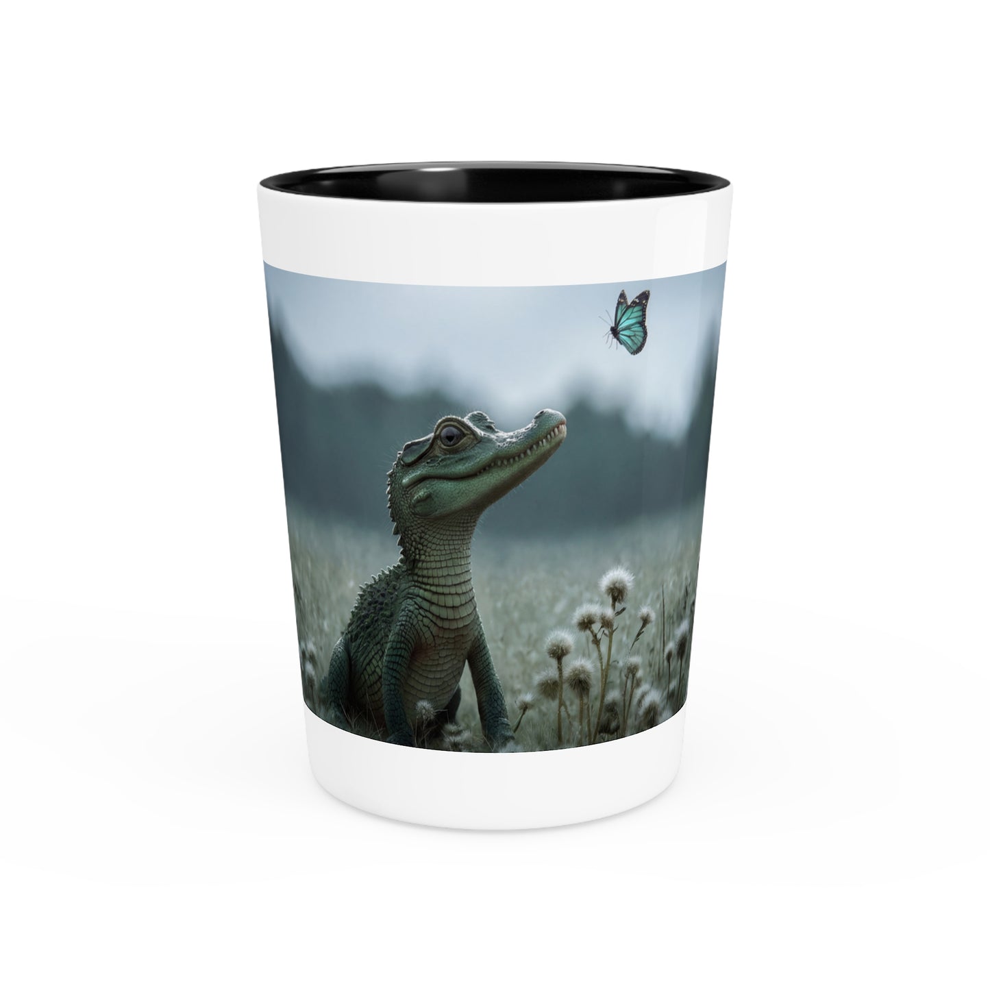 Tender Croc Meets Blue Butterfly Shot Glass – Gentle Wildlife Encounter