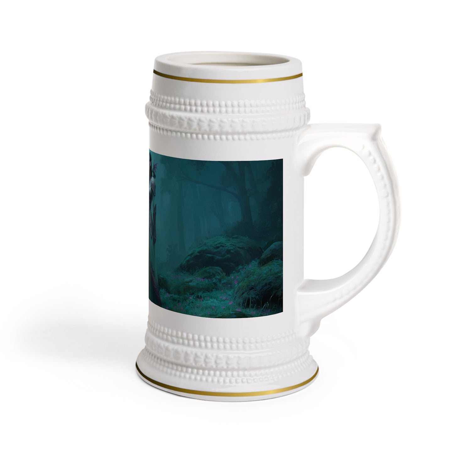 Elven Guardian with Glowing Blade Stein Mug – Misty Forest Sentinel