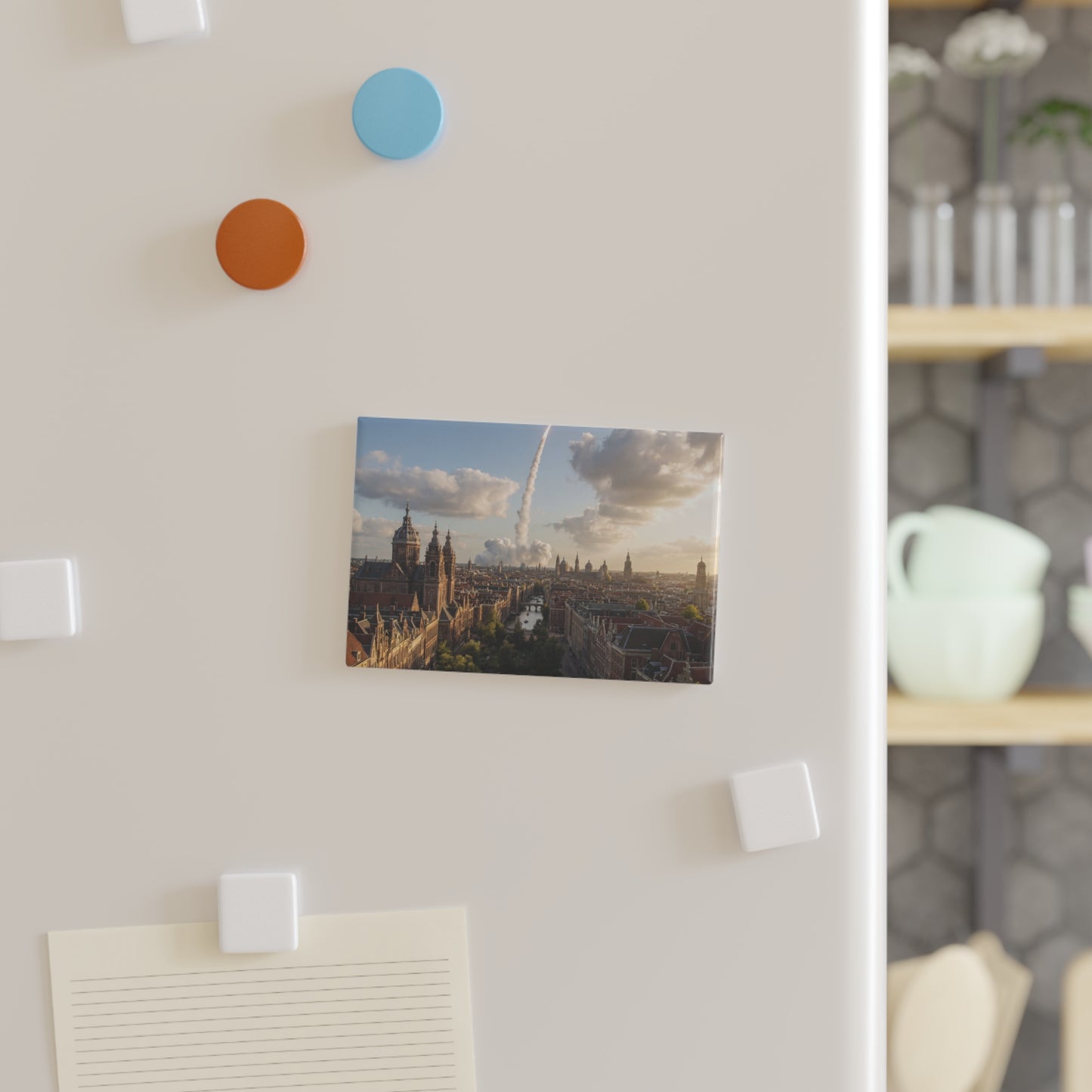 Rocket Over Amsterdam Skyline Button Magnet, Rectangle (1 & 10 pcs) – Dawn’s Silent Ascent Through Brick Canals