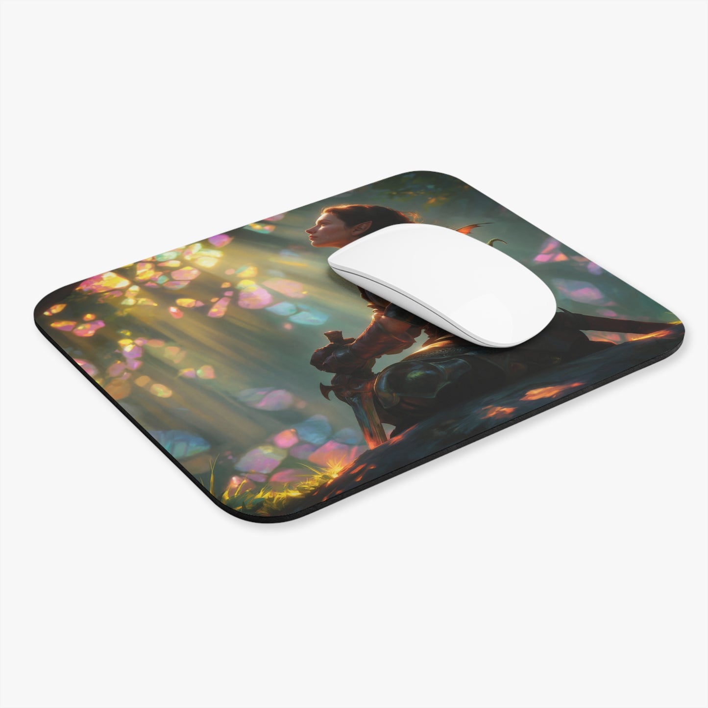 Elf Knight with Tiny Dragon Mouse Pad – Sunlit Crystal Grove Sanctuary
