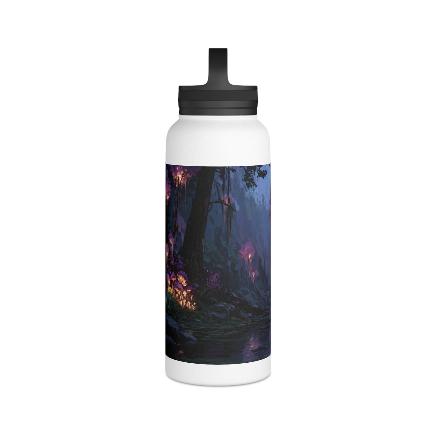 Bioluminescent Grove Stainless Steel Water Bottle, Handle Lid – Twilight’s Whispering Waterscape