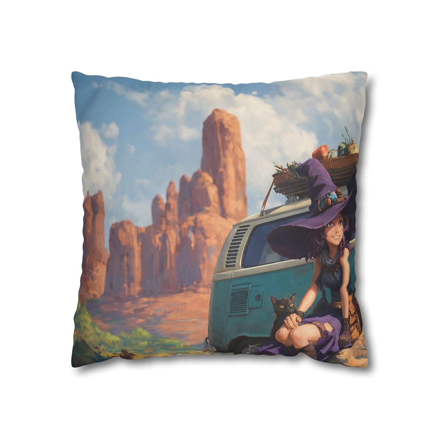 Wagon Ride Faux Suede Square Pillowcase – Desert Camper Adventure Scene