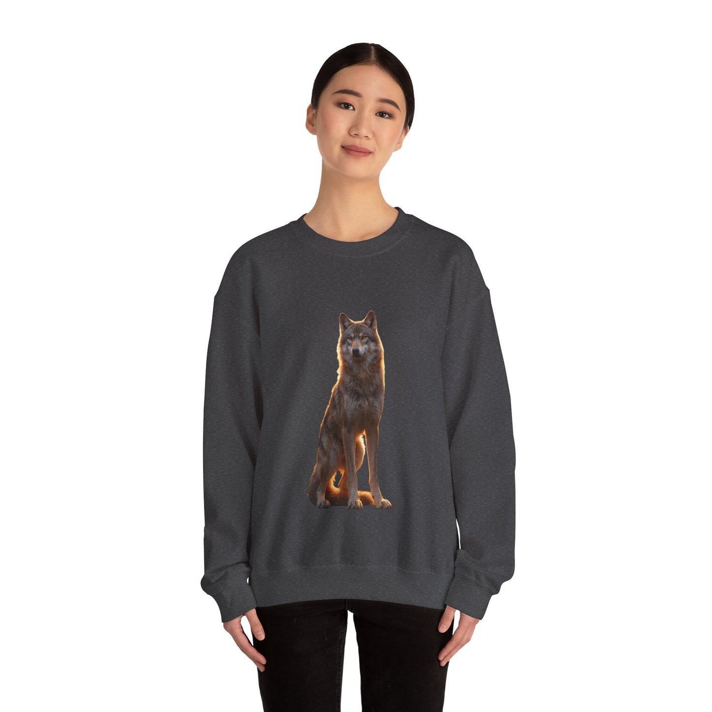 Twilight Sentinel Wolf Crewneck Sweatshirt – Golden Hour Guardian Portrait