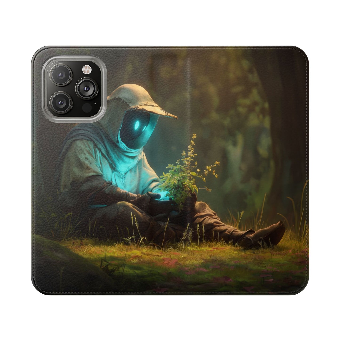 Glowing Orb Hooded Guardian Flip Cases – Bioluminescent Forest Keeper