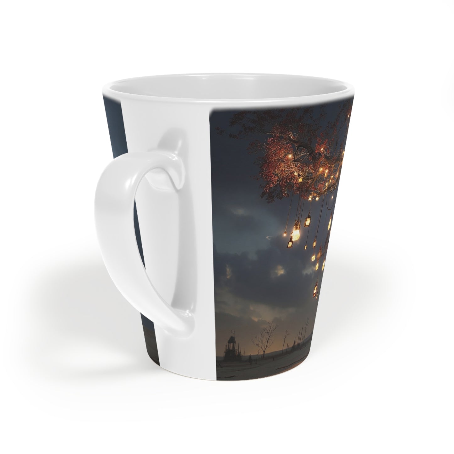 Lantern-Lit Wisp Tree Latte Mug, 12oz – Amber and Blue Guardian Grove